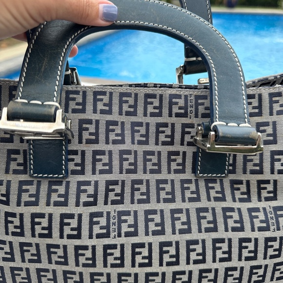 FENDI Vintage Zucchino  Navy Leather & Grey Canvas Tote Bag - Picture 7 of 17